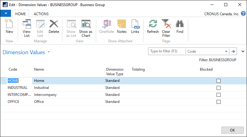 Values for a Business Group dimension in Microsoft Dynamics NAV